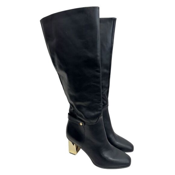 Franco Sarto Knee High Boots Size 9 Black Leather Gold Heel Side Zip - Picture 1 of 9